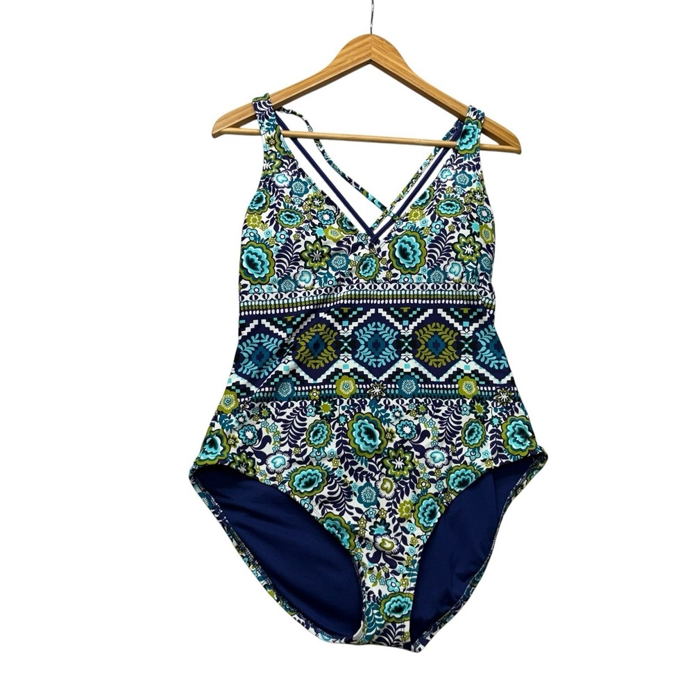 Mossimo Womens Swimsuit XL Blue Green Floral One Piece Strappy Open Back Modest